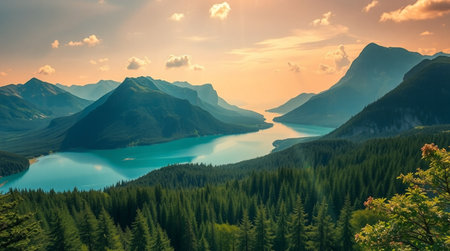 Panoramic view of lake in the mountains. Summer landscape.の写真素材
