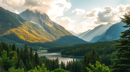Beautiful mountain lake in the highlands. Summer landscape with mountains and forest.の写真素材