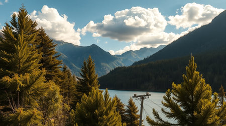 Beautiful view of a lake surrounded by mountains in the Canadian Rockiesの写真素材
