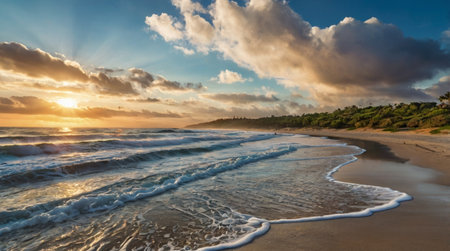 Panoramic view of the beach at sunset, Costa Rica.の写真素材