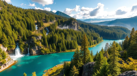 Panoramic view of the turquoise emerald lake in the mountains