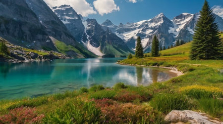 Panoramic view of beautiful alpine lake in Swiss Alps.