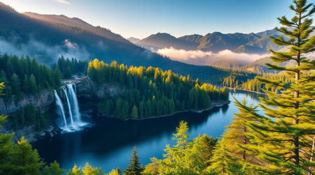 Mountain lake with waterfalls in the morning light. Beautiful nature landscape.