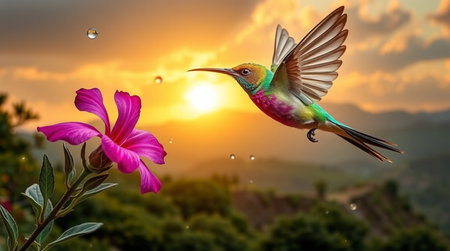 Hummingbird flying over pink hibiscus flower at sunsetの写真素材