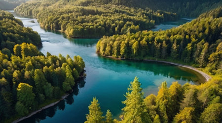 Aerial view of the river and the forest. Beautiful landscape.の写真素材
