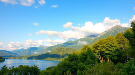 Landscape of lake and mountains under blue sky with white clouds.の写真素材