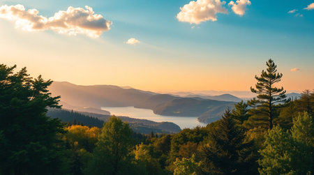 Beautiful panoramic view of the lake and mountains at sunsetの写真素材