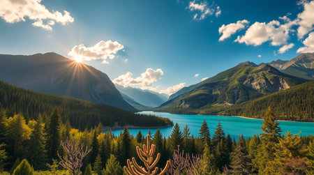 Panoramic view of turquoise lake in the Canadian Rockies.の写真素材