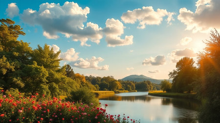 Beautiful view of the lake in the park. Landscape.の写真素材