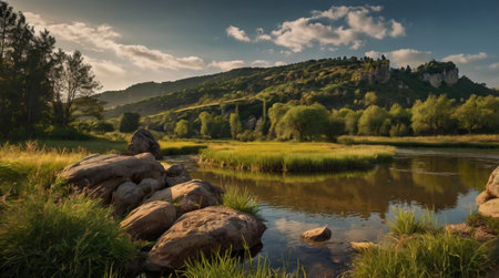 Landscape with river and mountains in the background, Ukraine, Europe