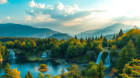 Beautiful landscape with a waterfall in the mountains at sunset time.