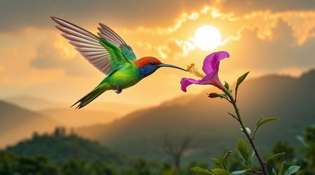 Hummingbird in flight at sunset with a flower in the foregroundの写真素材