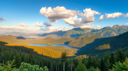 Mountain lake and coniferous forest. Panoramic view.の写真素材