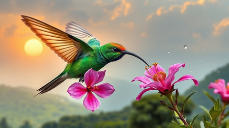 Hummingbird with pink hibiscus flower in flight.の写真素材