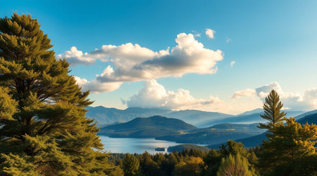 Beautiful landscape of lake and mountains with blue sky in the morning
