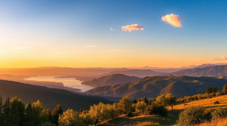 Beautiful sunset over the mountains. Landscape of a lake in a mountainous region.の写真素材