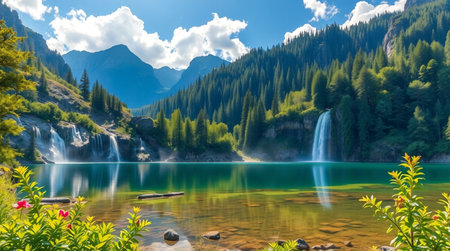 Beautiful view of the waterfall in the mountains. Summer landscape.の写真素材