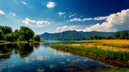 Landscape view of river and mountains under blue sky with white cloudsの写真素材