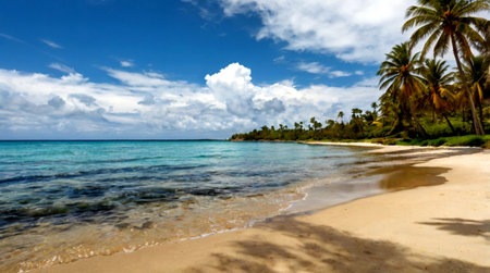 Panoramic view of a tropical beach with palm trees and sandの写真素材