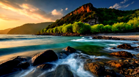 Panoramic view of a beautiful sunset over the sea. Nature composition.の写真素材