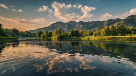 Beautiful summer landscape with a lake, mountains and clouds in the sky