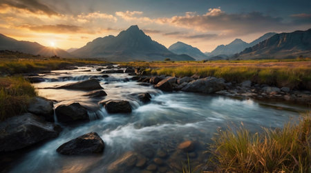 Long exposure of a mountain river at sunsetの写真素材