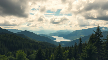 Panoramic view of the mountains and the lake. Carpathians, Ukraineの写真素材