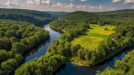 Aerial view of river and green forest. Beautiful summer landscape.の写真素材