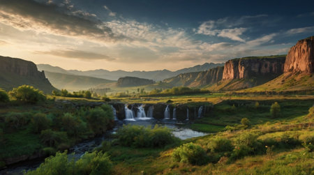 Panoramic view of the waterfall in the mountains at sunset.の写真素材