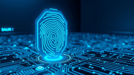 Fingerprint scan on computer circuit board. Biometric identity concept. 3D Renderingの写真素材