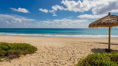 Beautiful beach with umbrella and blue sky.