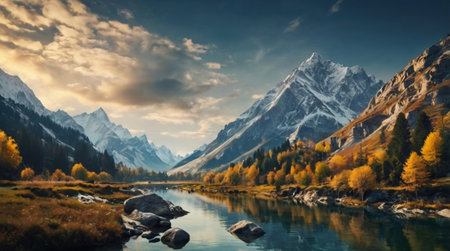 Beautiful autumn landscape with mountain lake and high peaks in the backgroundの写真素材