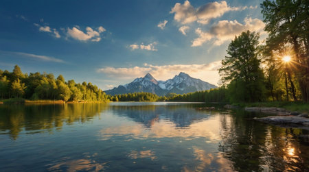 Panoramic view of alpine lake with reflection of mountains and clouds.の写真素材
