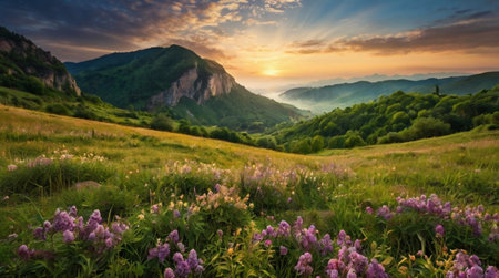 Sunset in the mountains. Panoramic view of the meadow with flowers.の写真素材