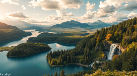 Aerial view of beautiful lake and mountain at sunset. Beautiful nature landscapeの写真素材