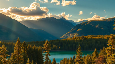 Mountain lake in the Canadian Rockies at sunset, Alberta, Canadaの写真素材