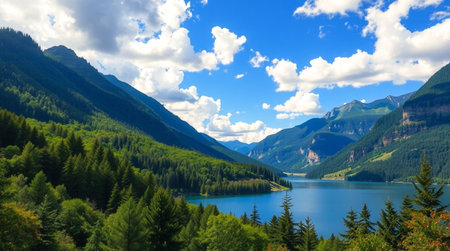 Panoramic view of lake in the mountains. Summer landscape.