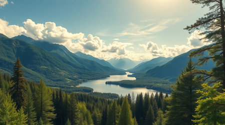 Panoramic view of a mountain lake with coniferous forest and blue skyの写真素材