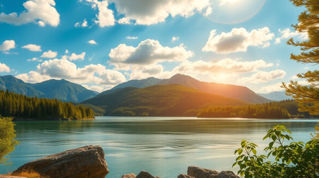 Beautiful mountain lake in the mountains. Landscape with mountains, forest and blue sky.