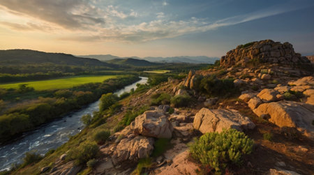 Panorama of a mountain river with rocks in the foreground at sunriseの写真素材