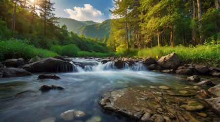 Beautiful mountain river in the summer forest. Panoramic view.の写真素材