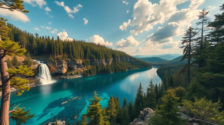 Beautiful panoramic view of a mountain lake with a waterfall in the backgroundの写真素材