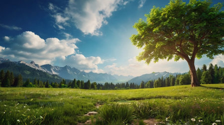 Summer landscape with green meadow and big tree on background of mountains