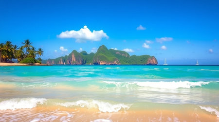 Panoramic view of beautiful sandy beach with turquoise ocean water, white sand, green mountains and blue sky.の写真素材