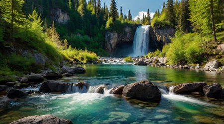 Beautiful waterfall in the mountains of the Altai Republic, Russiaの写真素材