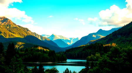 Sunset in the mountains. Mountain lake in the forest. Beautiful landscape.の写真素材