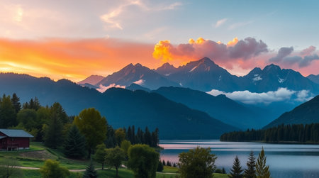 Sunset over the lake in the Alpsの写真素材