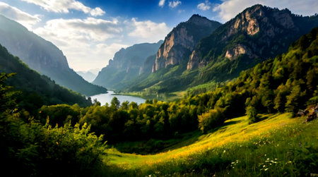 panoramic view of the alpine lake and mountains in summer