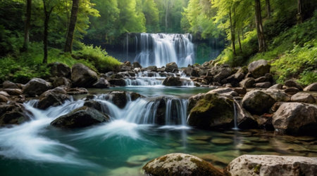Beautiful waterfall in the forest. Summer landscape with a waterfall.の写真素材