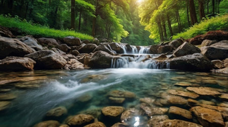 Beautiful waterfall in the green forest. Soft focus, long exposure.